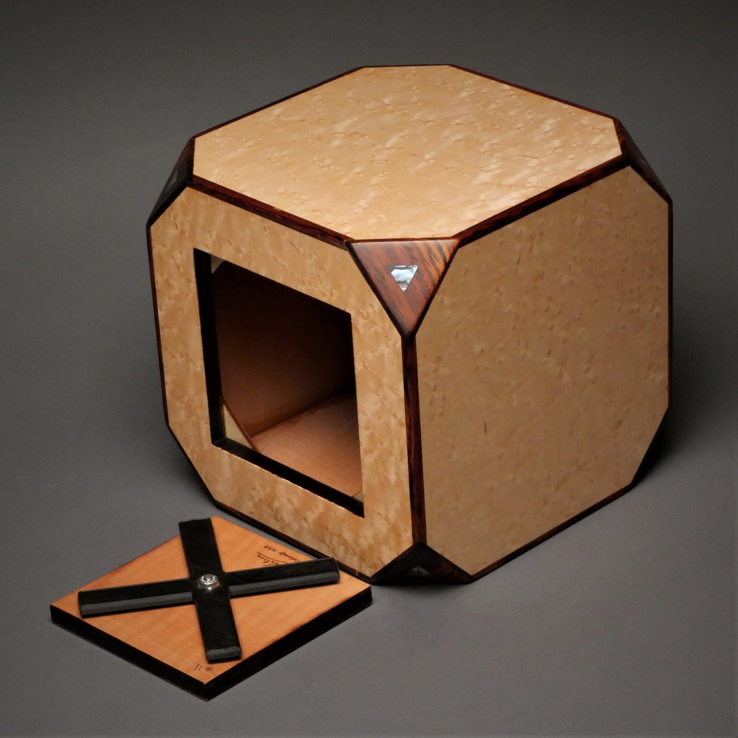 Artistic Cube Urn for Adult Human Ashes, 225 cu-in, Paua Inlay, Exotic Woods