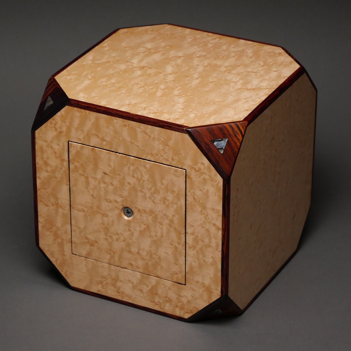 Artistic Cube Urn for Adult Human Ashes, 225 cu-in, Paua Inlay, Exotic Woods