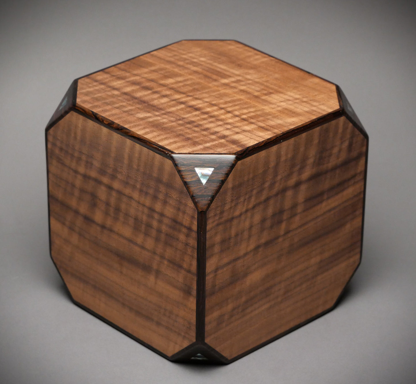 Artistic Cube Urn for Adult Human Ashes, 225 cu-in, Paua Inlay, Exotic Woods