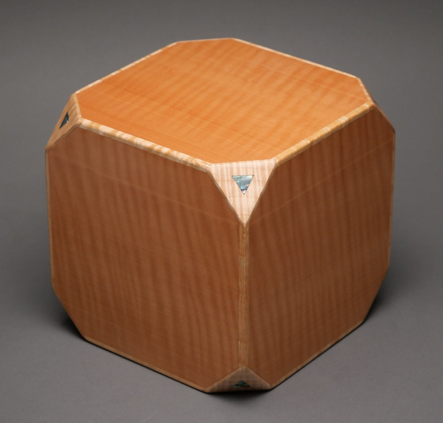 Artistic Cube Urn for Adult Human Ashes, 225 cu-in, Paua Inlay, Exotic Woods