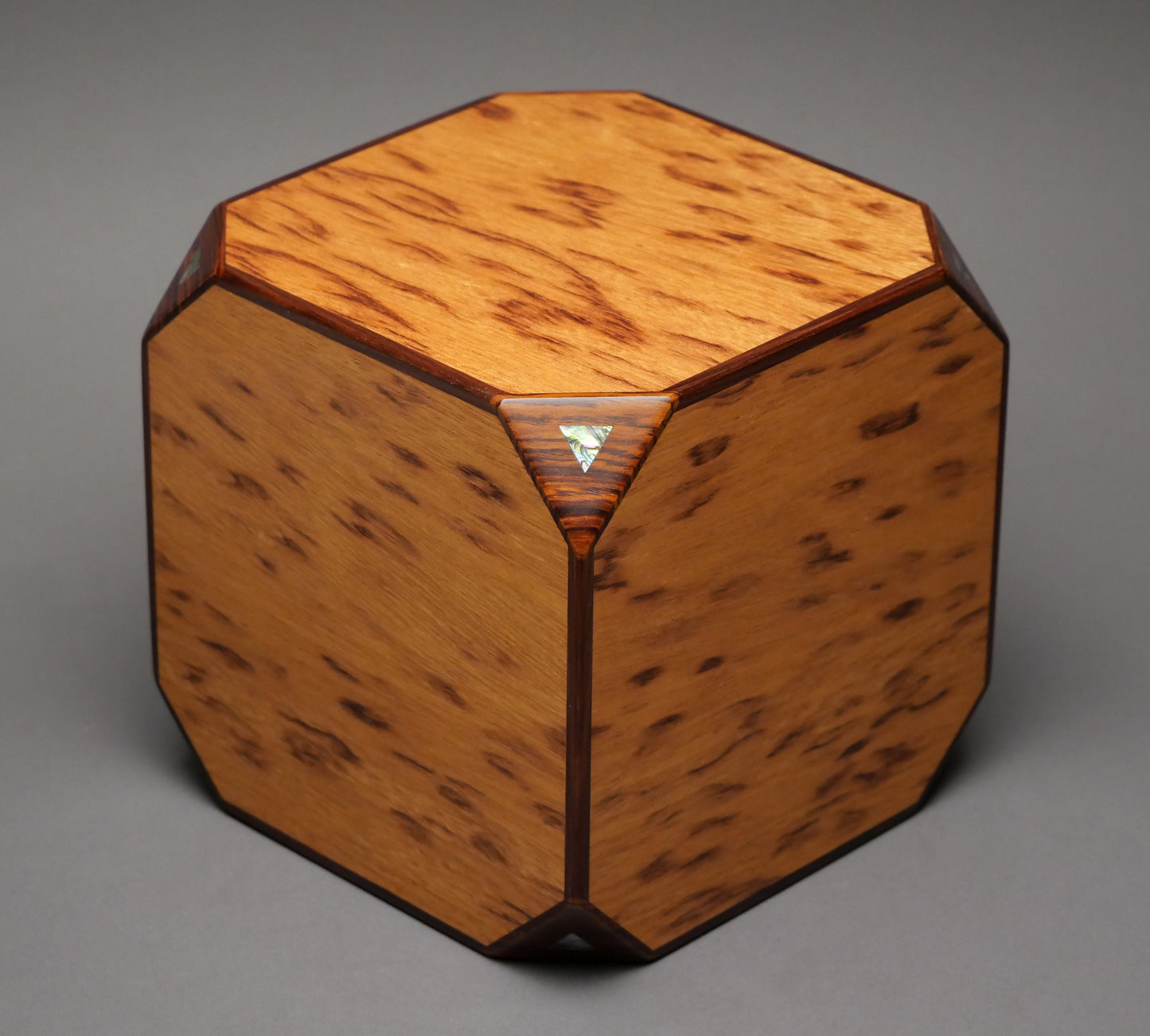 Artistic Cube Urn for Adult Human Ashes, 225 cu-in, Paua Inlay, Exotic Woods
