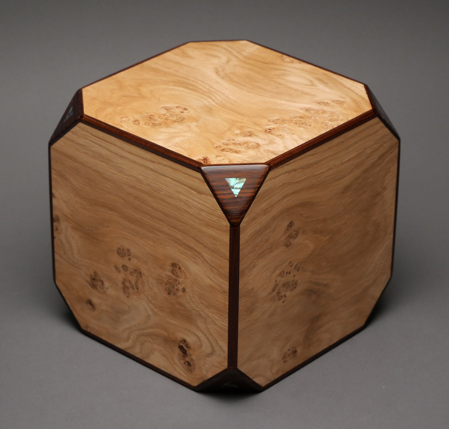 Artistic Cube Urn for Adult Human Ashes, 225 cu-in, Paua Inlay, Exotic Woods