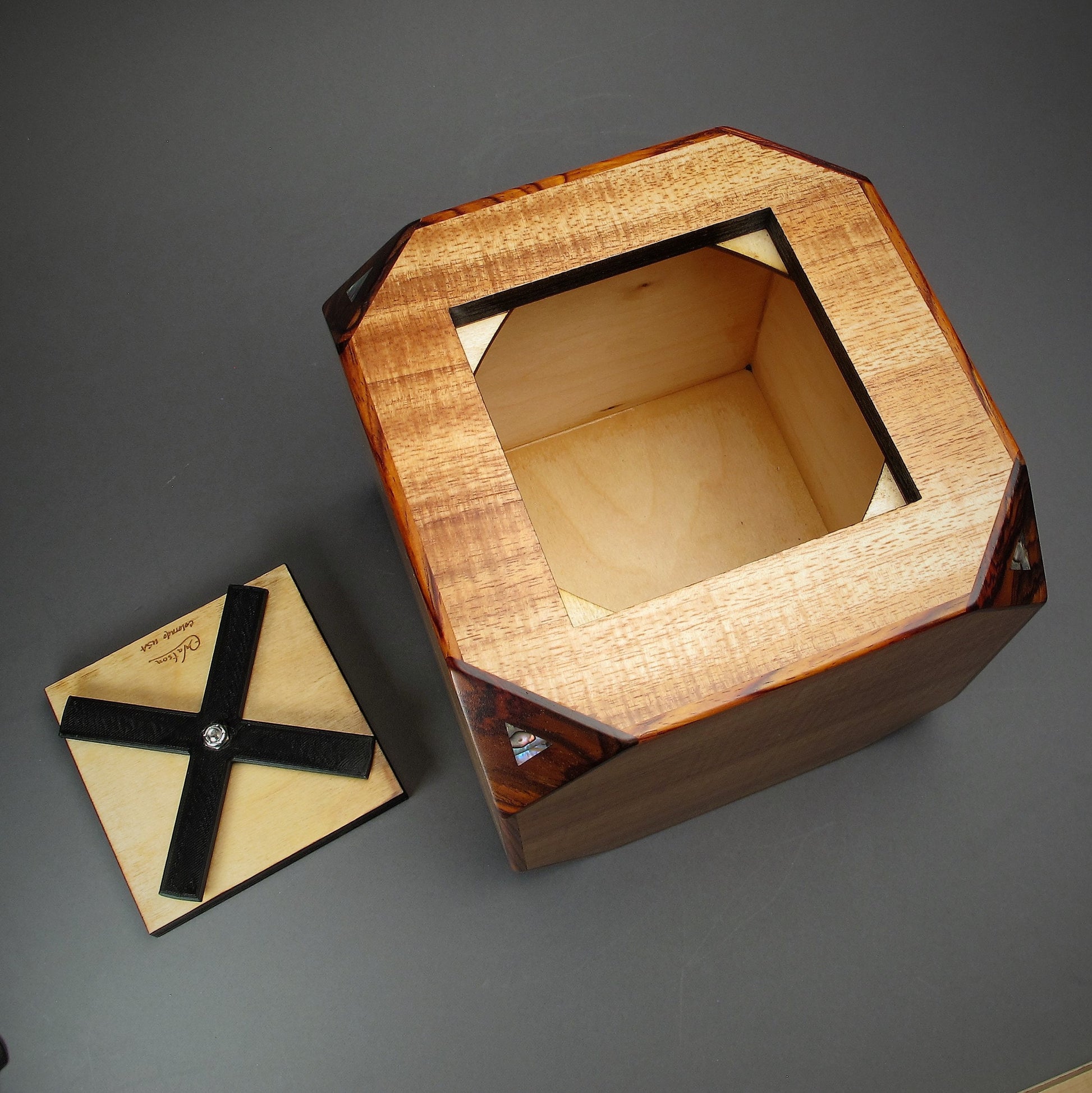 Modern Koa Wood Urn for Adult Human Ashes, 225 cu-in, Unique Cube Design