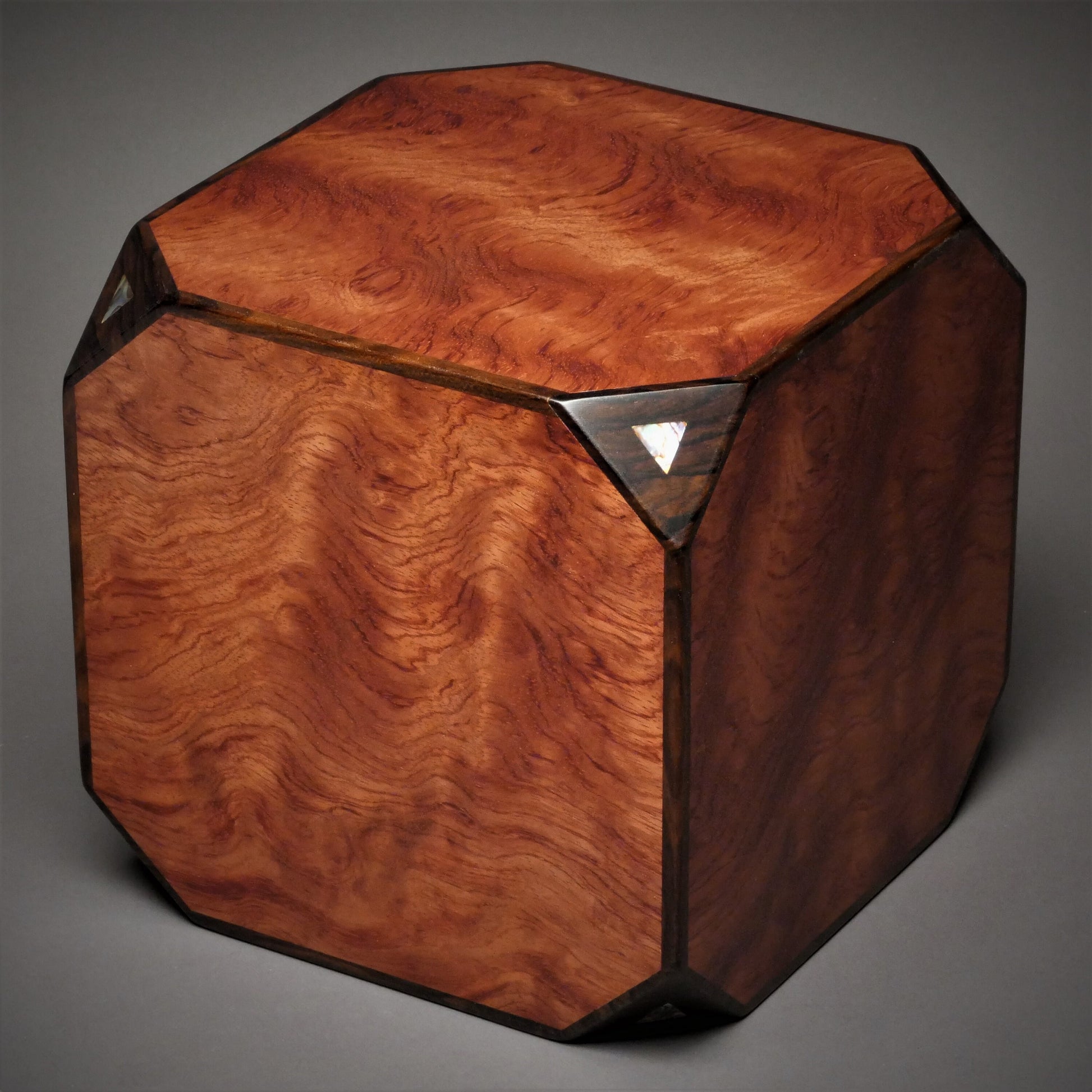 Bubinga Wood Urn for Adult Human Ashes, 230 cu-in, Paua Inlay