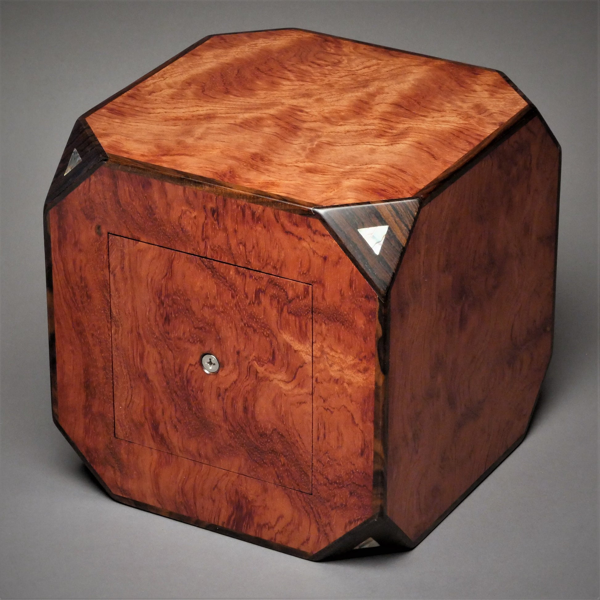 Bubinga Wood Urn for Adult Human Ashes, 230 cu-in, Paua Inlay