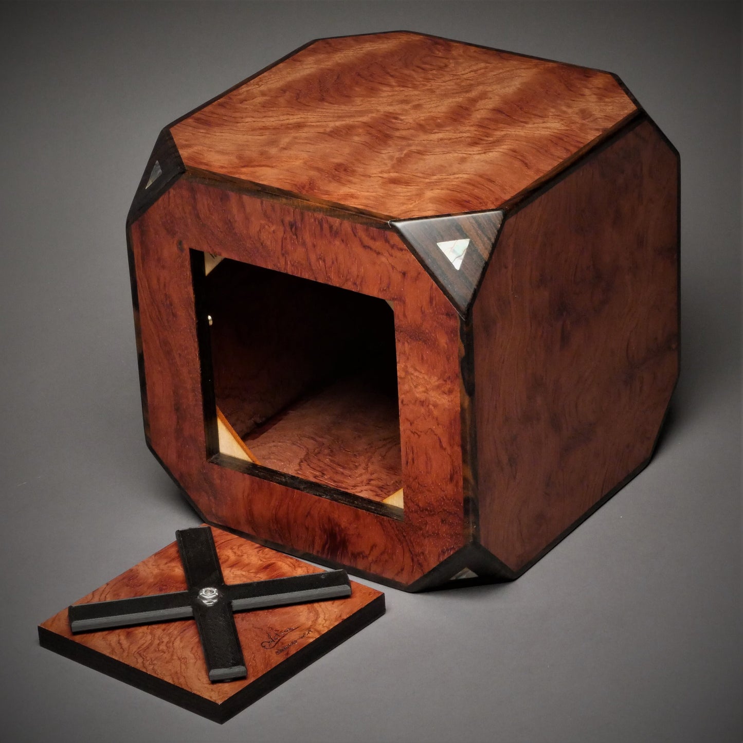 Bubinga Wood Urn for Adult Human Ashes, 230 cu-in, Paua Inlay