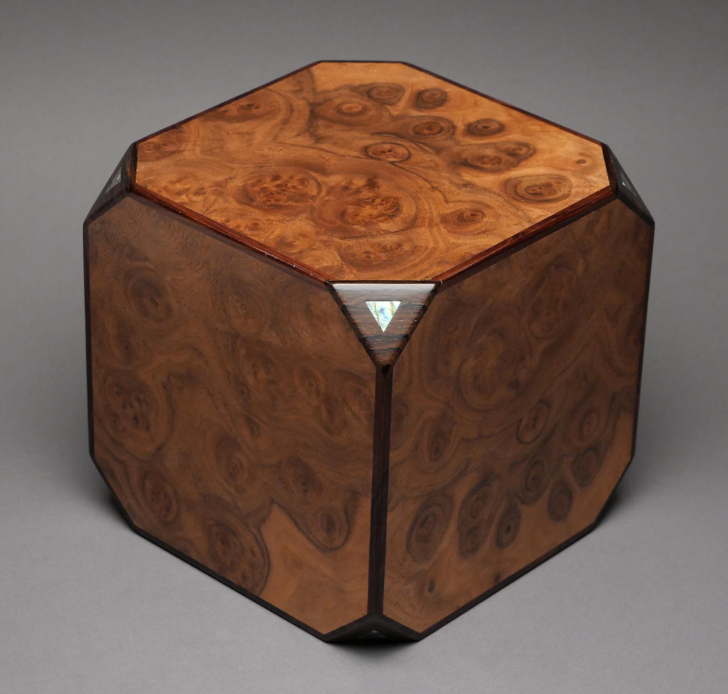 Artistic Cube Urn for Adult Human Ashes, 225 cu-in, Paua Inlay, Exotic Woods