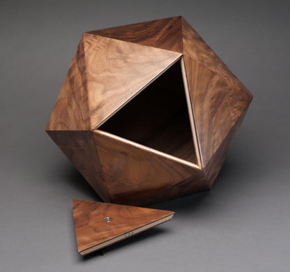 Figured Walnut 20-sided Cremation Urn, Original polyhedron urn for Adult Human Ashes, up to 225 pounds